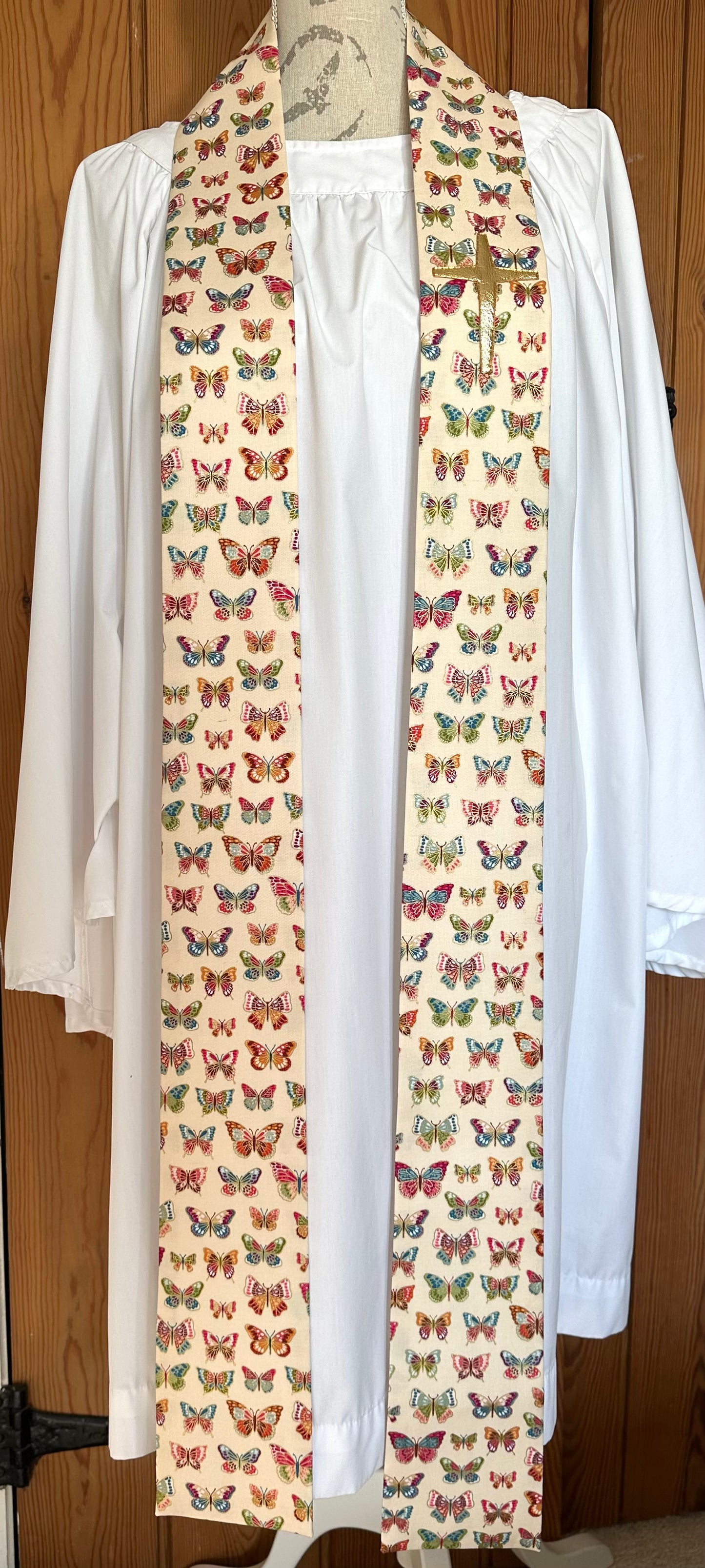 White butterfly clergy stole, 48"