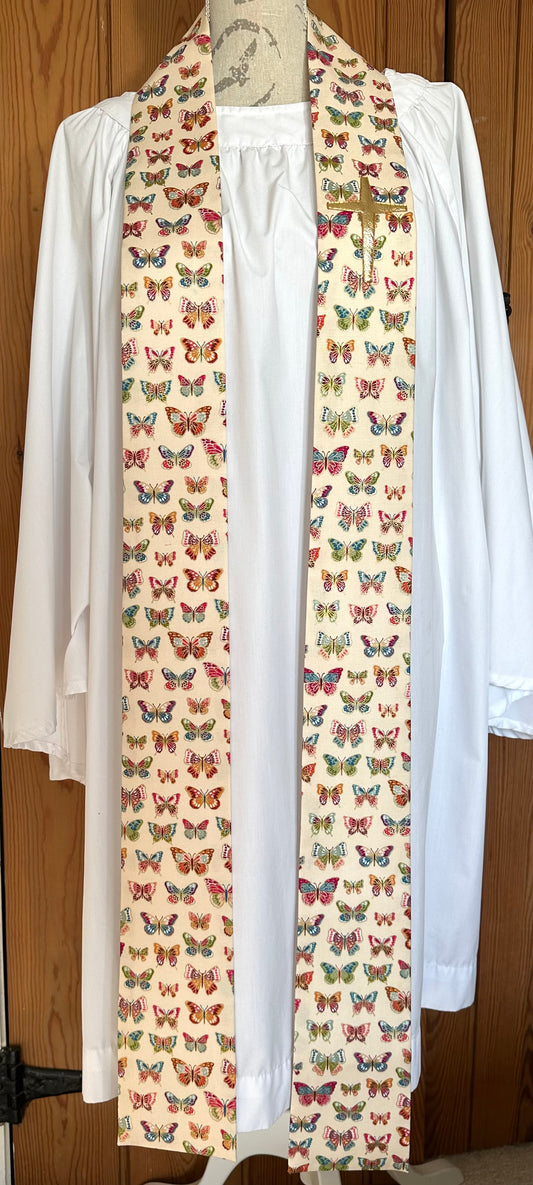 White butterfly clergy stole, 48"