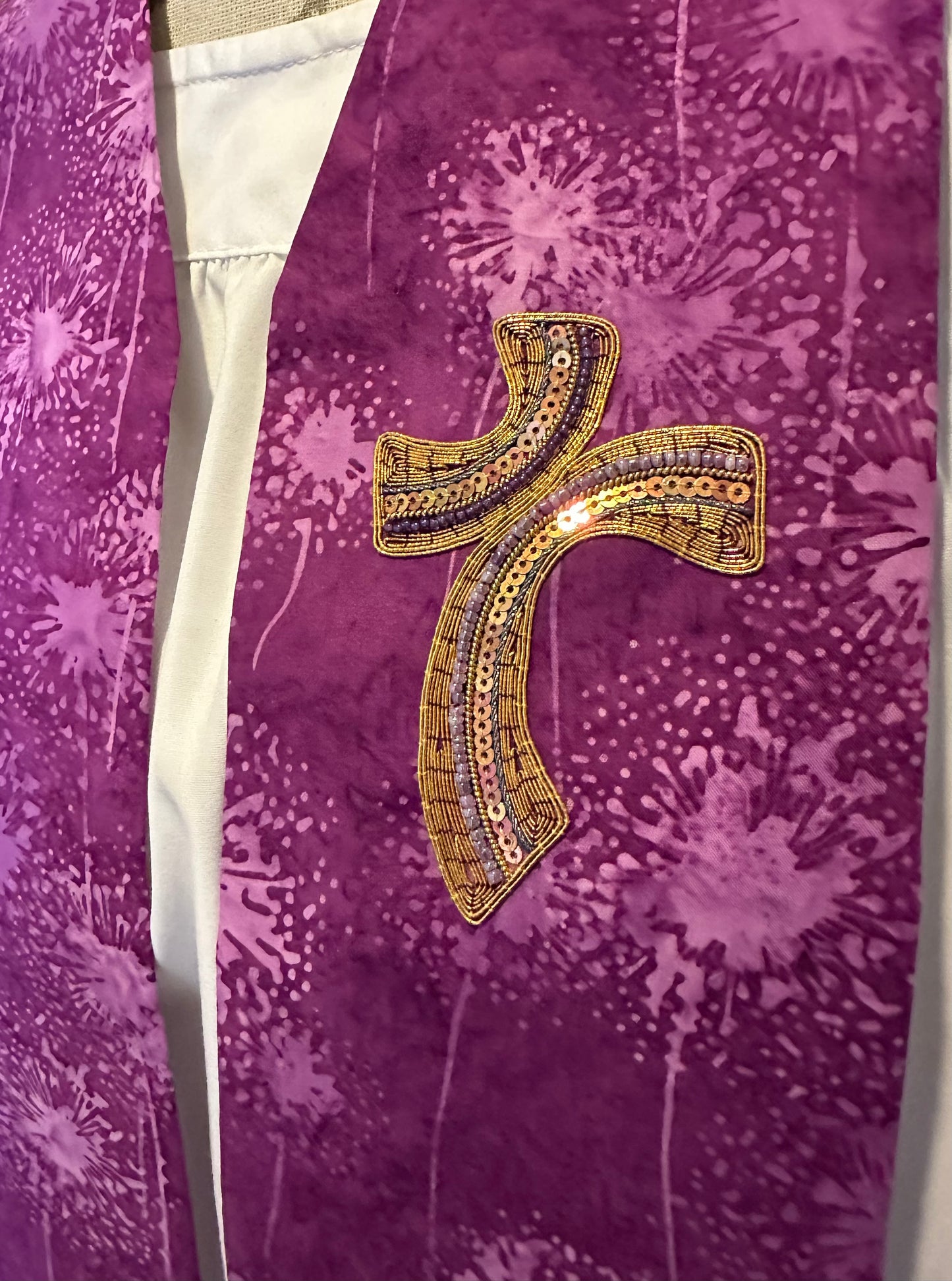 Purple seed head clergy stole, 46.5"